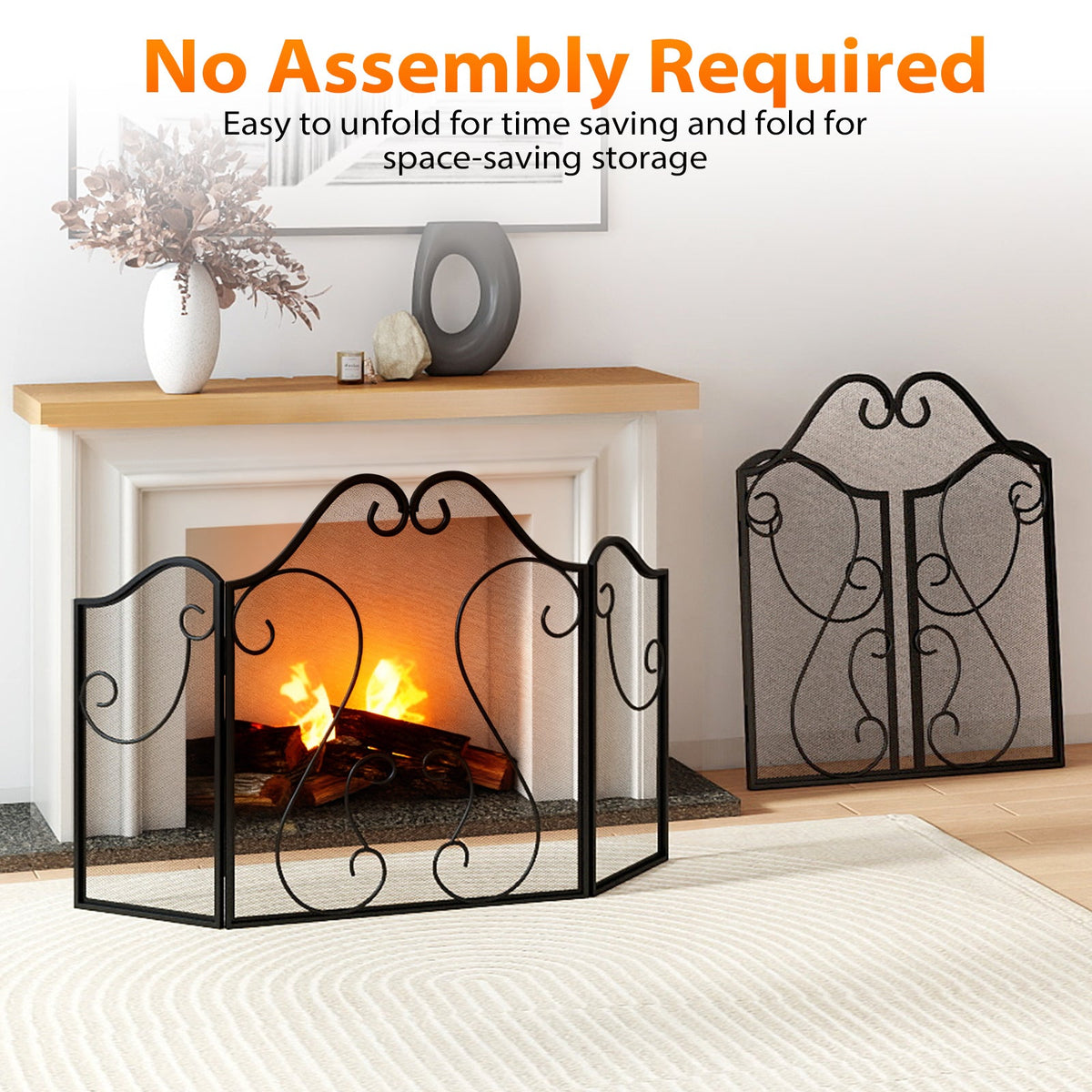 3 Panel Fireplace Screen Foldable Spark Guard Cover with Decorative Scroll