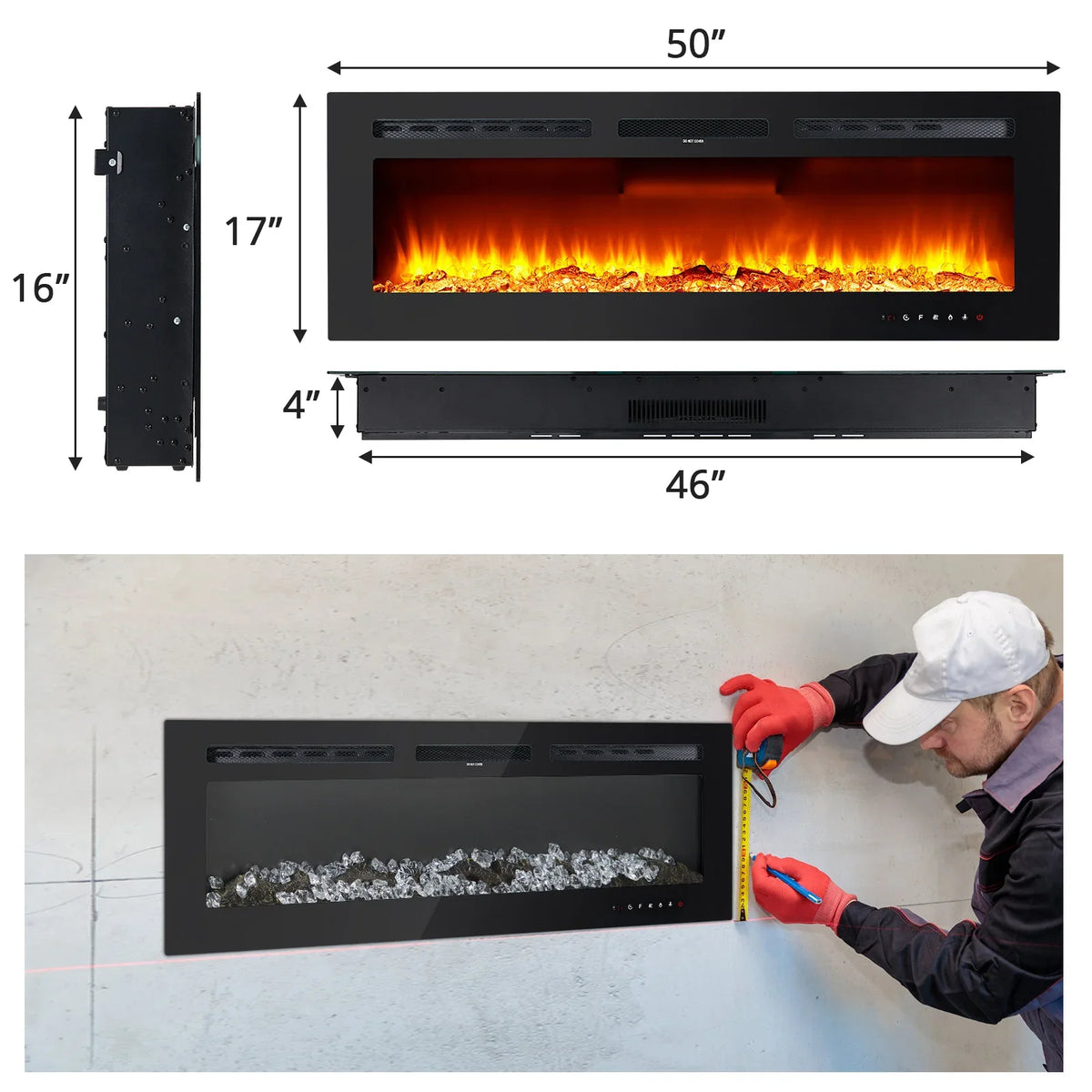 50-Inch Electric Fireplace Inserts Ultra Narrow Frame Wall Mounted Fireplaces with 3 Heating Modes 12 Flame Colors Remote Control