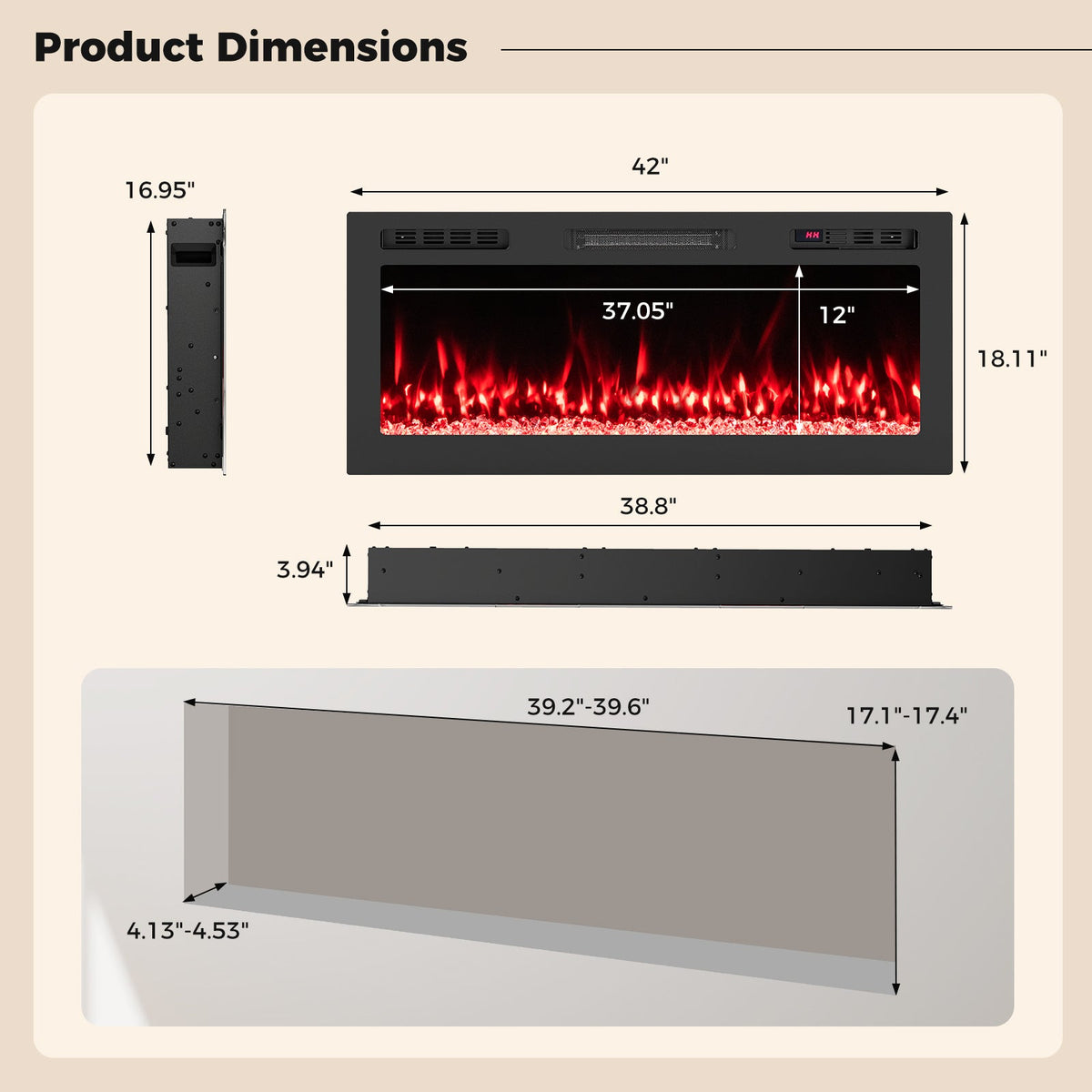 Smart WiFi Electric Fireplace Wall Mounted & Recessed 750W/1500W Heater