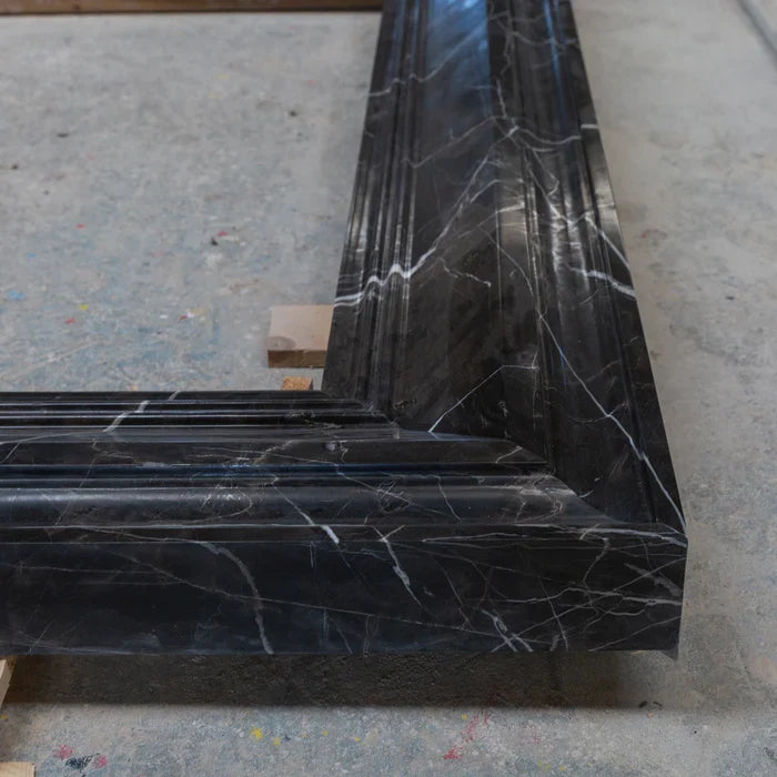 Black Marble Fireplace Mantel Hand Carved with White Veining - Polished 49 x 69 Inch