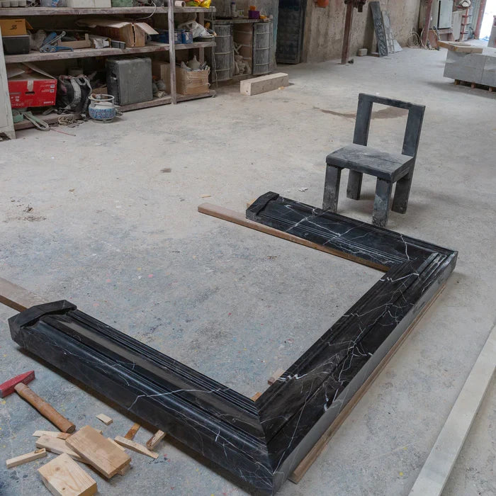 Black Marble Fireplace Mantel Hand Carved with White Veining - Polished 49 x 69 Inch