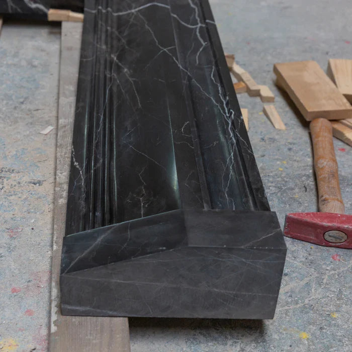 Black Marble Fireplace Mantel Hand Carved with White Veining - Polished 49 x 69 Inch