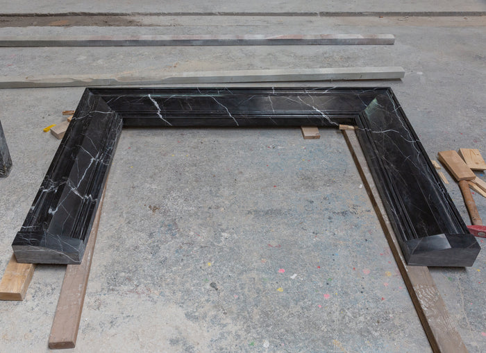 Black Marble Fireplace Mantel Hand Carved with White Veining - Polished 49 x 69 Inch