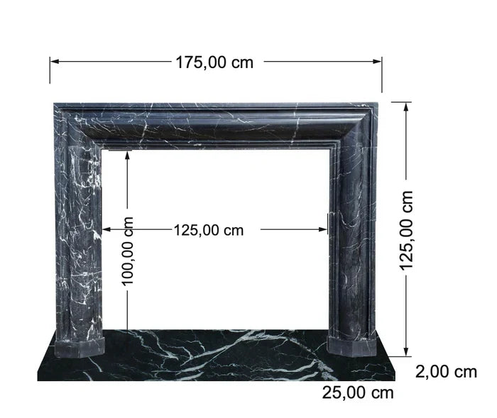 Black Marble Fireplace Mantel Hand Carved with White Veining - Polished 49 x 69 Inch