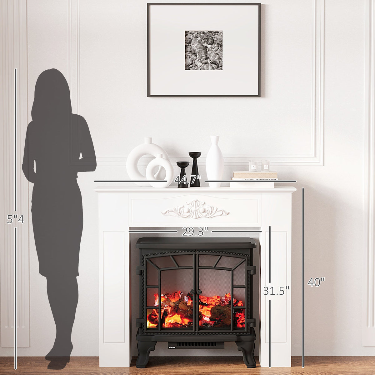 Freestanding Fireplace Surround, Modern Fireplace Mantel with Leg for Electric Fireplaces, 44.7" W x 40" H, White